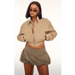 PrettyLittleThing Olive Cotton Canvas Collar Detail Zip Up Jacket, Green
