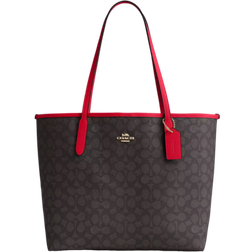 Coach City Tote Bag In Signature Canvas - Gold/Walnut/Bold Red