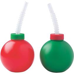 Fun Express Plastic Cups Christmas Bulb with Straws Red/Green 12-pack