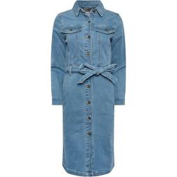 PixieGirl Denim Tie Waist Midi Dress - Mid Blue