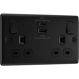 BG Nexus Metal Matt 13A Switched Socket With USB A C 45W 2 Gang in Black Plastic