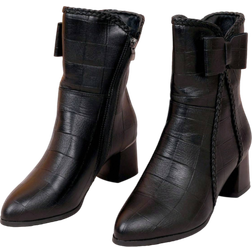 Shein Black Mid-Calf Boots For Women, Lace Trim, Check Pattern, Mid-Heel, Side Bow, Pointed Toe, Matte Shiny Leather, Fall/Winter