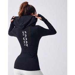 Shein Damen Kapuzen-Sweatshirt mit Langen Ärmeln für Sport, Yoga, Laufen, Workout, enganliegend mit Daumenöffnung, atmungsaktiv, in Lässig Patchwork-Optik