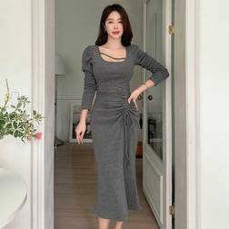 DAZY Women's Solid Color Square Neck Long Sleeve Pleated Fishtail Dress - Grey