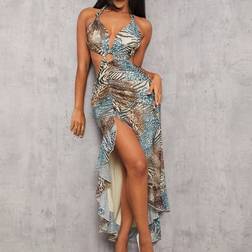 Shein Kleid mit Rüschenrock, Schlitz und zufälligem Aufdruck, ausgeschnitten