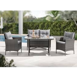 EVRE Mixed Grey Florence Garden Rattan Furniture 4 Piece Sofa Chair Outdoor Wicker Glass Top Table With Cushions - One Size Patio Dining Set