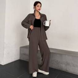 Shein Flap Detail Drop Shoulder Shirt & Wide Leg Pants