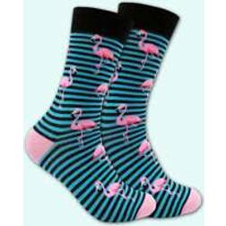 Shein Pair Men's Mid-Calf Socks With Flamingo Pattern, Men's Striped Flamingo Casual Socks