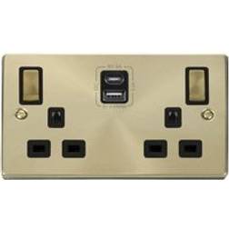 SE Home Satin Brushed Brass 2 Gang 13A DP Ingot Type A & C USB Twin Double Switched Plug Socket Gold One Size