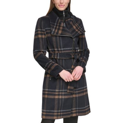 Calvin Klein Womens Wool Blend Belted Wrap Coat, Created for Macys Black Plaid