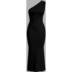 Shein Solid Color Asymmetrical Shoulder Ruched Maxi Fishtail Bodycon Dress