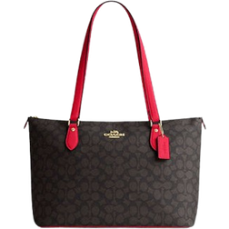 Coach Gallery Tote Bag In Signature Canvas - Gold/Walnut/Bold Red