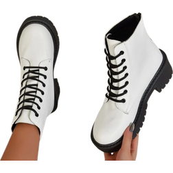 Shein Zipper Back Lace-up Front Combat Boots, Women's Fashionable Chunky Heeled White Solid Color Boots