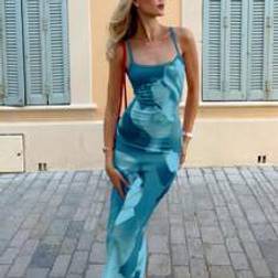 Shein Women's Summer Tie-Dye Printed Long Fitted Elegant Spaghetti Strap Dress