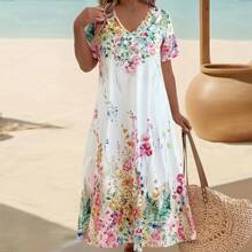 Shein Plus V-Neck Short Sleeve Floral Print Elegant Loose Dress