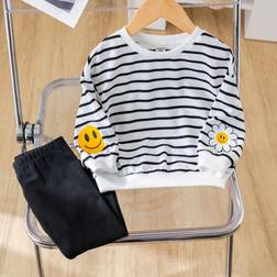 Shein Baby Girl Striped Long Sleeve Sweatshirt And Elastic Waist Black Pants Set Autumn Winter