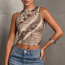 Shein Womens Brown Snake Printed Drawstring Gathered Simple Casual Tank Top