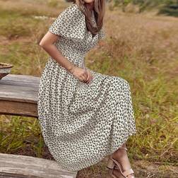 Shein Damen Kleid mit Runden Ausschnitt, Rüschen Taille und kurzen Ärmeln mit kleinem Blumendruck