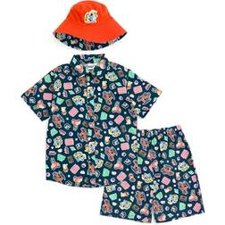 imagikids Bluey Button Down Shirt Shorts and Bucket Sun Hat Outfit Set - Road Trip