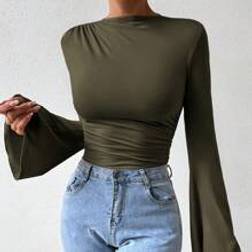 Shein Women's Solid Color Simple Casual Flared Sleeve Bodysuit