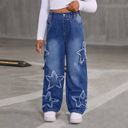 Shein Girls Fashionable Casual Vintage Star Embroidered Frayed Wide Leg Loose Straight Blue Washed Denim Jeans Pants