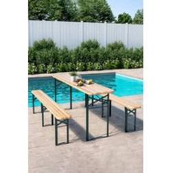 Living and Home 3 Pcs Foldable Wooden Outdoor Table Benches - Natural Patio Dining Set