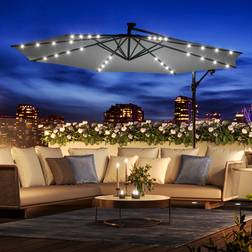 LivingAndHome 32 Solar Lights Garden Parasol Outdoor Sun Umbrella With Wheel Base - Dark Grey
