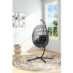 H&O Direct Outdoor Woven Hanging Chair with Stand and Cushion - Dark Grey - One Size
