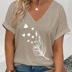 Shein Plus Women's Feather & Heart Print V-Neck Flare Cuff Casual T-Shirt
