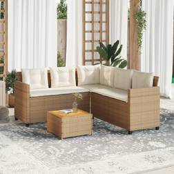 vidaXL Garden Sofa With Table And Cushions L-shaped Poly Rattan - Beige, Wood Outdoor Lounge Set
