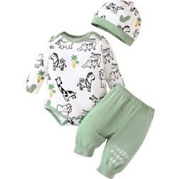 Shein Baby Boy Cartoon Graphic Contrast Binding Bodysuit & Joggers & Hat