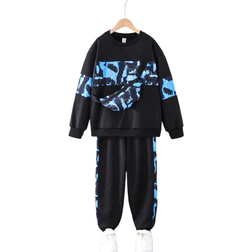 Shein 3pcs/Set Older Boys Casual Printed Patchwork Sweatshirt, Sweatpants And Bag Set, Suitable For Spring And Autumn