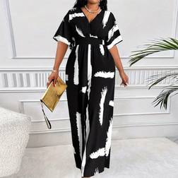 Shein Damen Große Größen eleganter Kontrast-Muster Jumpsuit in Schwarz und Weiß mit V-Ausschnitt, Kurzarm und weitem Bein