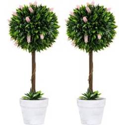 Homcom Set of 2 Potted Plants Ball Tree with Flowers - Pink Artificial Plant