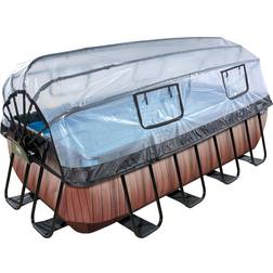 Exit Toys Wood Pool med Multifunktionellt Skydd 400x200x100 cm Stort, Rektangulärt Ram Pool med Sandfilterpump och Poolstege Extra Djupt För Rent och Varmt Poolvatten Brun