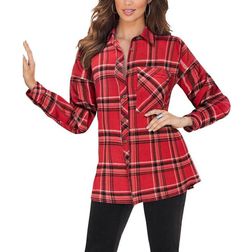 Roaman's Flannel Tunic Plus Size - Vivid Red Plaid