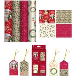 Tallon 4x 7M Traditional Christmas Wrapping Paper Xmas Gift Wrap 16 Gift Tags
