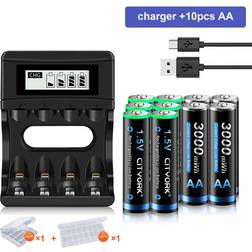 CITYORK Fast Battery Charger with Lithium Rechargeable Batteries AA 3000mWh 10-pack