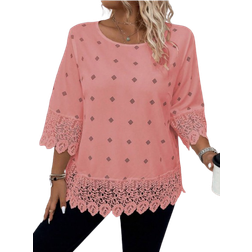 Shein Clasi Plus Size Round Neck Mid-Length Sleeve Floral Lace Contrast Casual Blouse