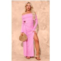 PrettyLittleThing Pink Onion Skin Bardot Tie Waist Maxi Dress, Pink