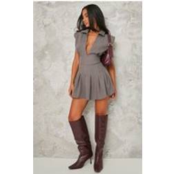 PrettyLittleThing Petite Charcoal Tailored Woven Pleated Romper (0)