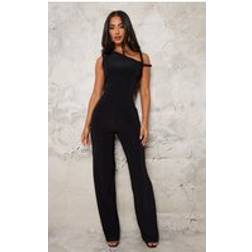 PrettyLittleThing Petite Black Slinky Twist Shoulder Wide Leg Jumpsuit, Black