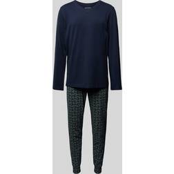 Schiesser Herrpyjamas lång med manschett nattklädesset pyjamas-set, Nattblå_181922