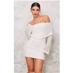 PrettyLittleThing Cream Textured Bardot Flare Long Sleeve Mini Dress, White