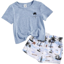 Shein Baby Boys Casual Coconut Tree Print Short Sleeve Top and Shorts Holiday Set