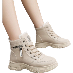 Shein Women Winter Snow Boots, Zipper Decor Lace-Up Warm Plush Round Toe Outdoor Casual Sports Fashionable Leather Waterproof Anti-Slip Boots
