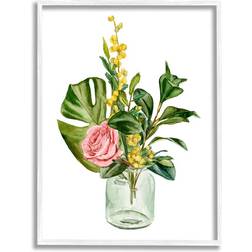 Stupell Industries Pink Rose Yellow Botanical Bouquet Glass Jar White Framed Art 24x30"