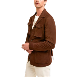 Mens Leather Wear Classic Suede Leather Safari Jacket - Dark Brown