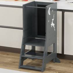 Costway Grey Kids Kitchen Stool Helper with Chalkboard and Whiteboard