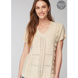 JJill Fringed Open Texture Short Sleeve Sweater